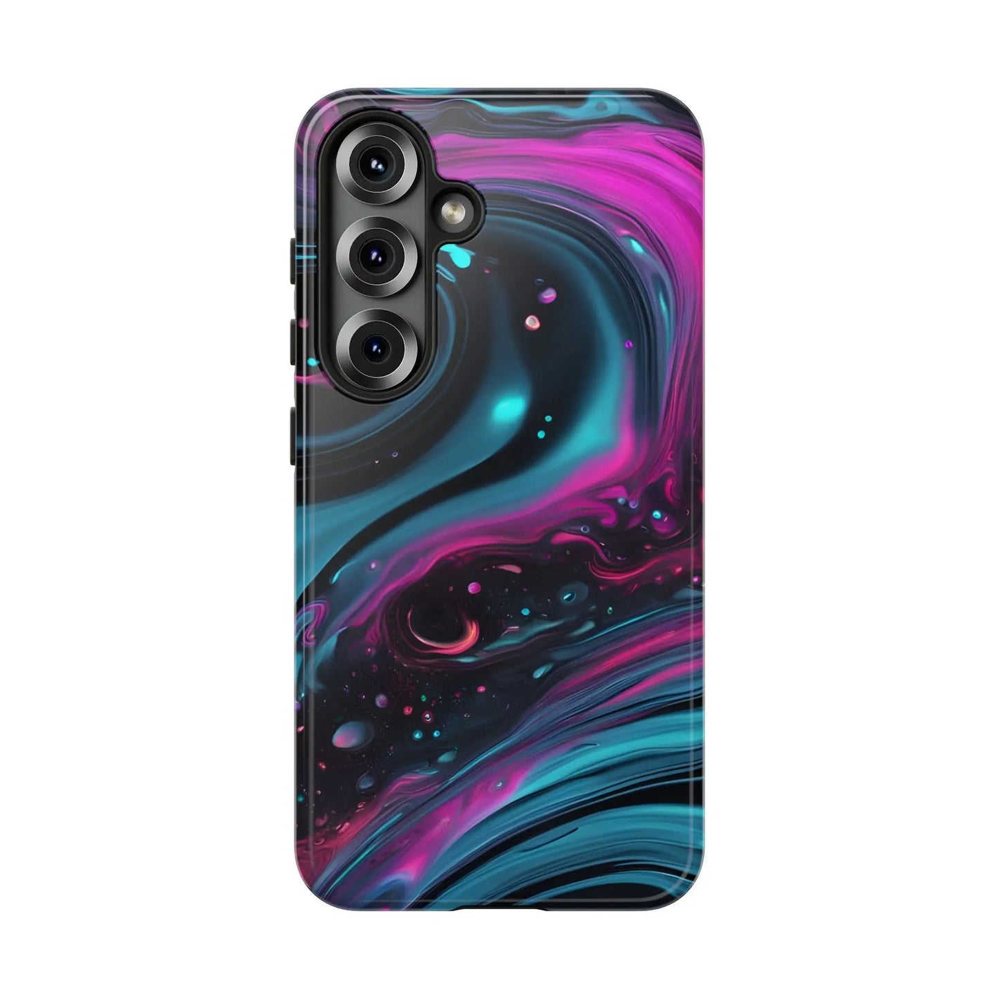 Bold galaxy phone case showing vibrant magenta and teal cosmic swirl patterns on durable protective cover back side
