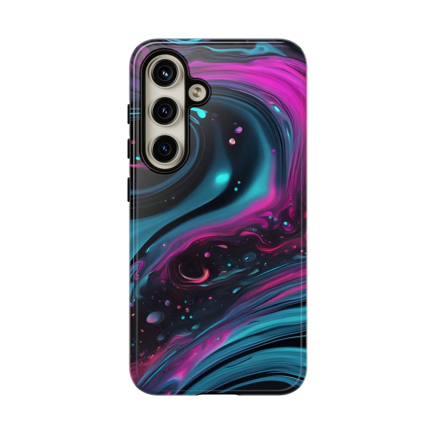 Bold galaxy phone case with vibrant magenta and teal cosmic swirl design on dark background for galaxy phone protection