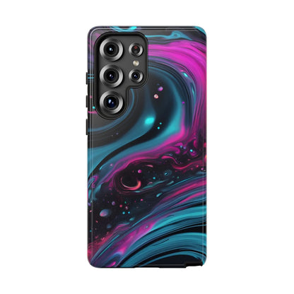 Bold galaxy phone case back side with vibrant magenta and teal nebula patterns for a protective galaxy phone cover