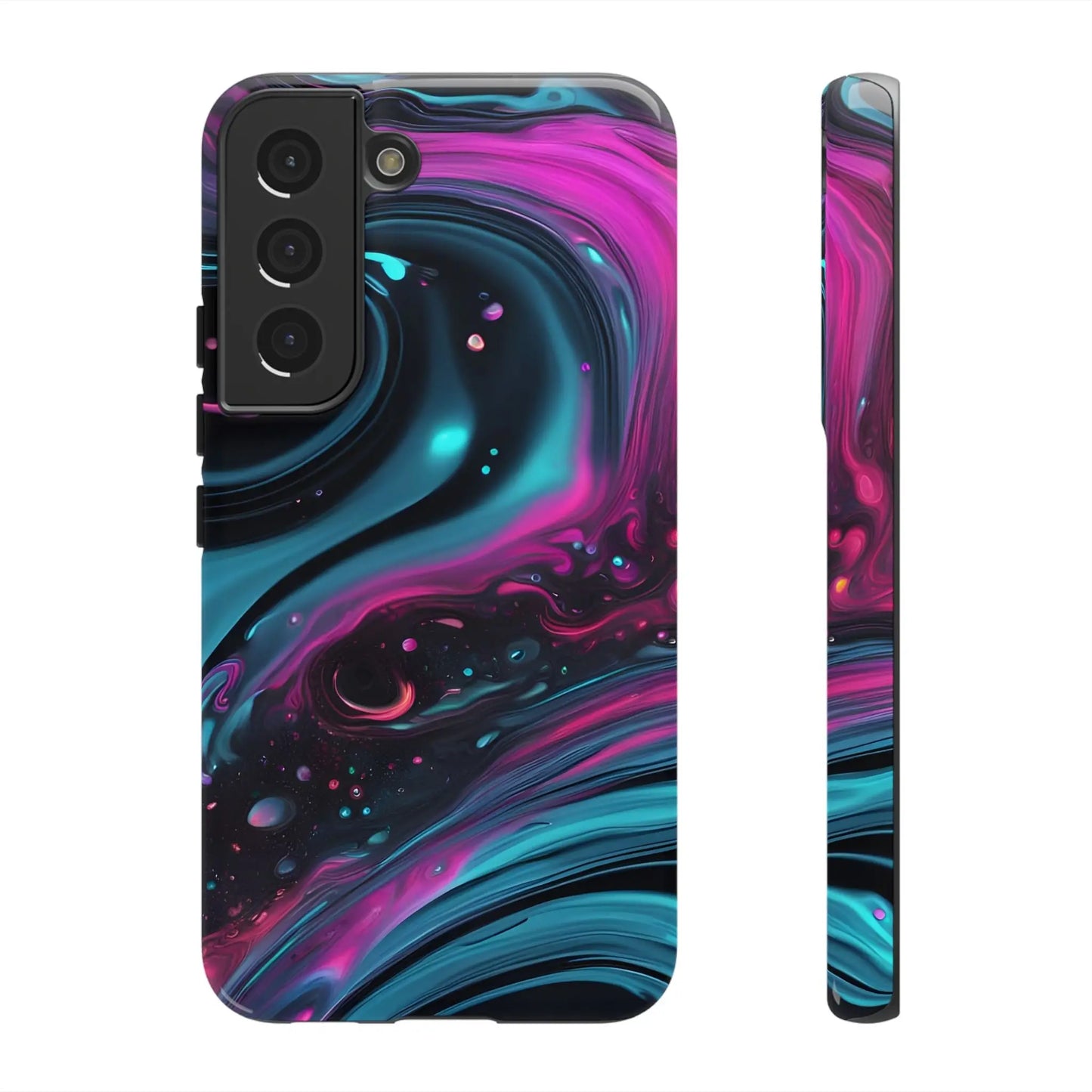 Bold galaxy phone case showing vibrant magenta and teal cosmic swirl on glossy black protective cover back side