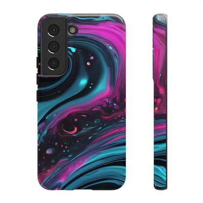 Bold galaxy phone case showing vibrant magenta and teal cosmic swirl on glossy black protective cover back side