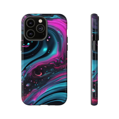 Back of a bold galaxy phone case with vibrant teal magenta and black cosmic swirl design protective cover