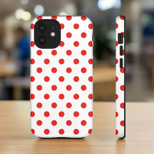 White & Bright Red Polka Dot Tough Phone Case for iPhone, Samsung, and Google Phones