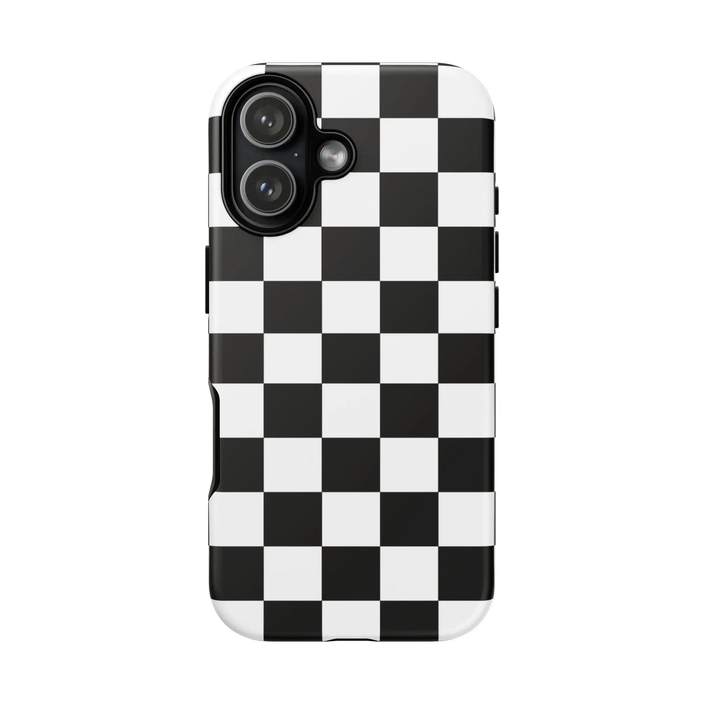 Back side of sleek black and white checkered flag phone case with glossy finish for protective iPhone cover accessory