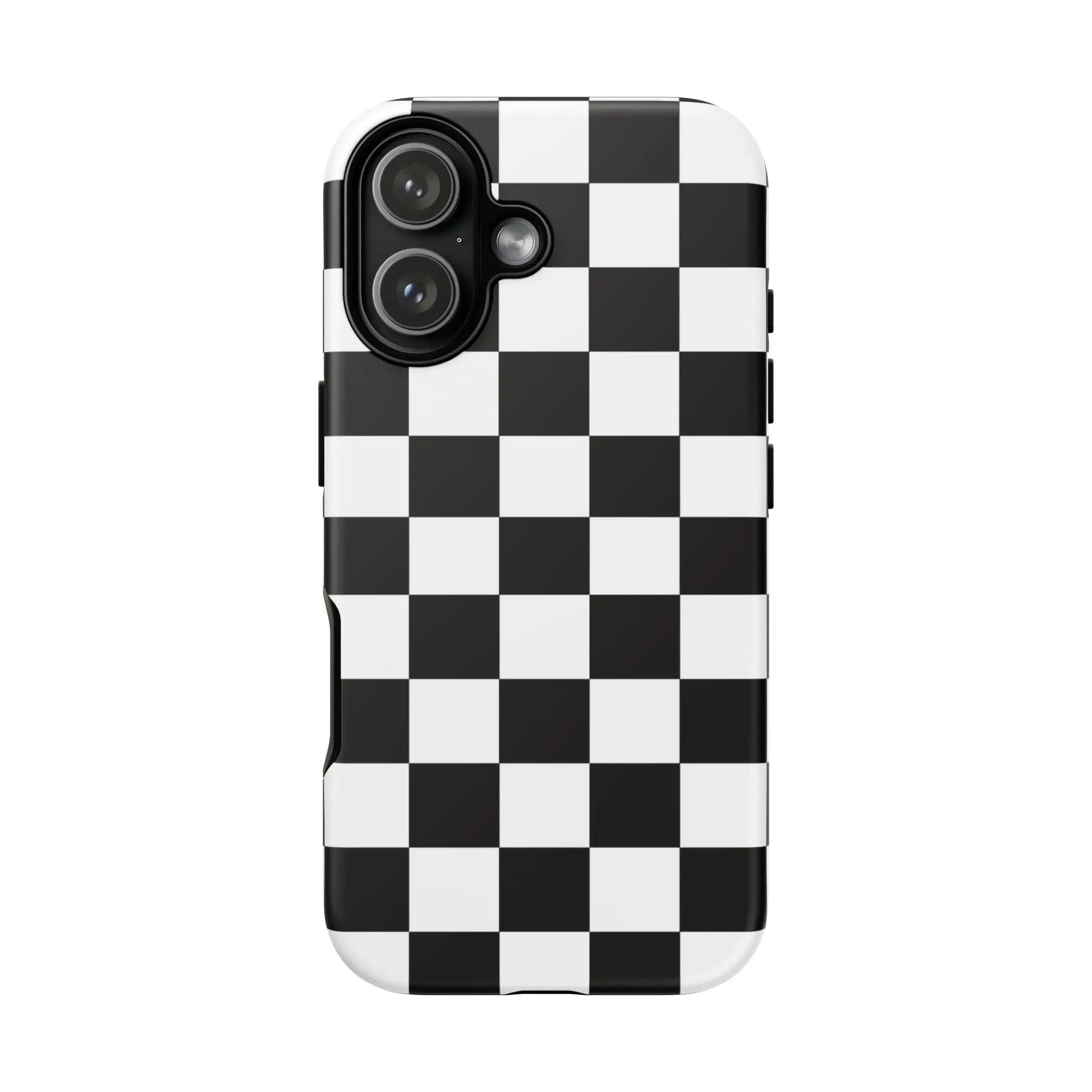 Back side of sleek black and white checkered flag phone case with glossy finish for protective iPhone cover accessory