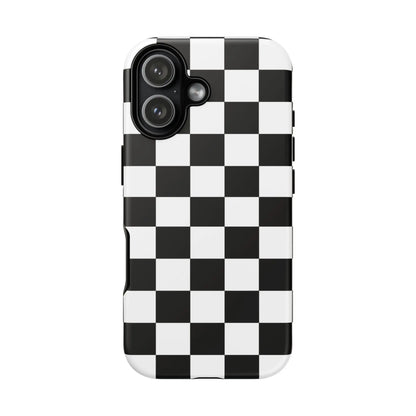 Back side of sleek black and white checkered flag phone case with glossy finish for protective iPhone cover accessory