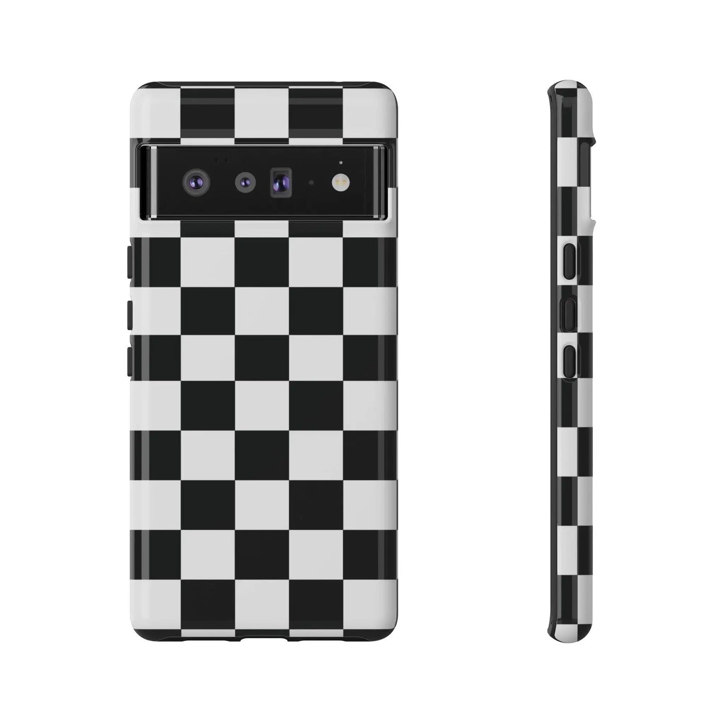 Back side of a black and white checkered flag phone case with glossy finish for iPhone protective cover