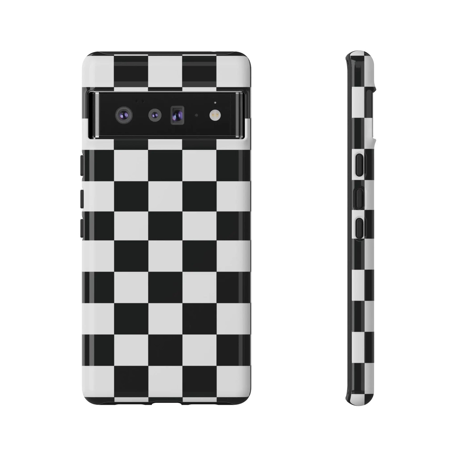 Back side of a black and white checkered flag phone case with glossy finish for iPhone protective cover