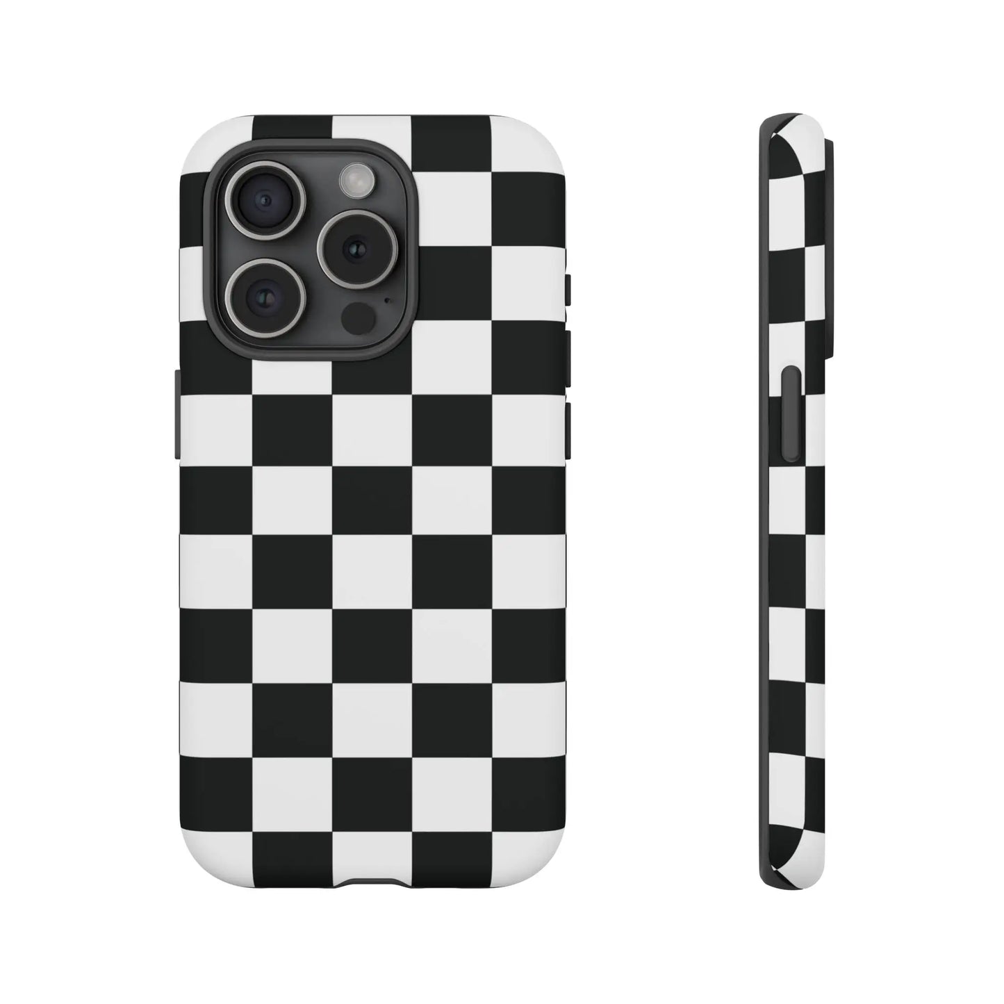 Back side of a sleek black and white checkered flag phone case designed for iPhone with protective cover and modern style
