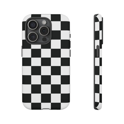 Back side of a sleek black and white checkered flag phone case designed for iPhone with protective cover and modern style
