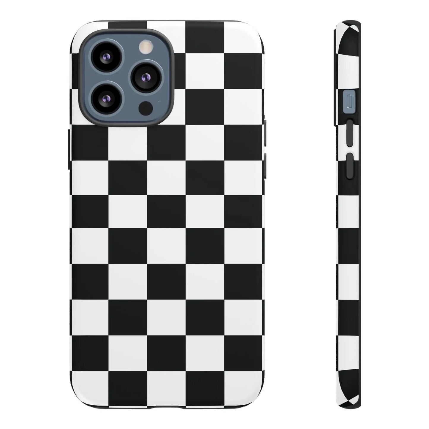Black and white checkered flag phone case showing the back with sleek protective cover for iphone models