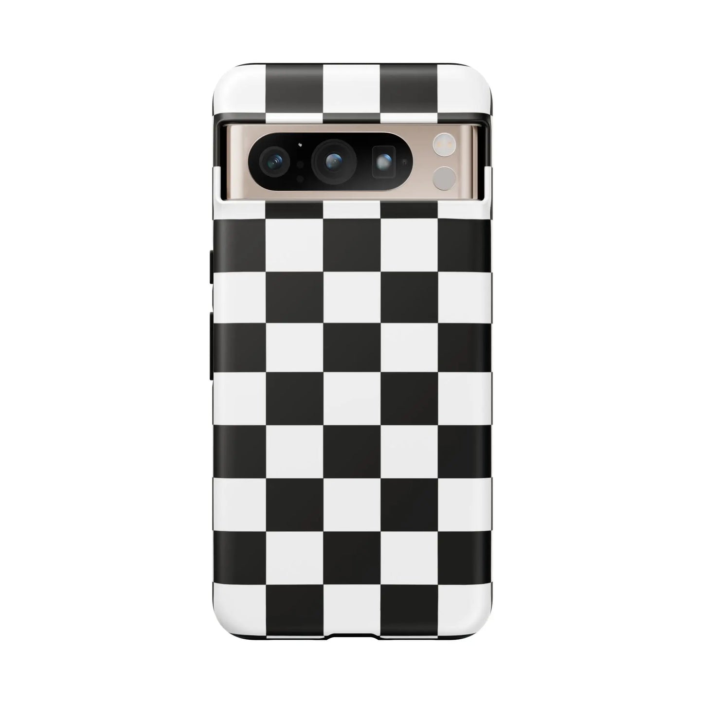 Black and white checkered flag phone case with sleek modern design shown from the back for protective use on iphone