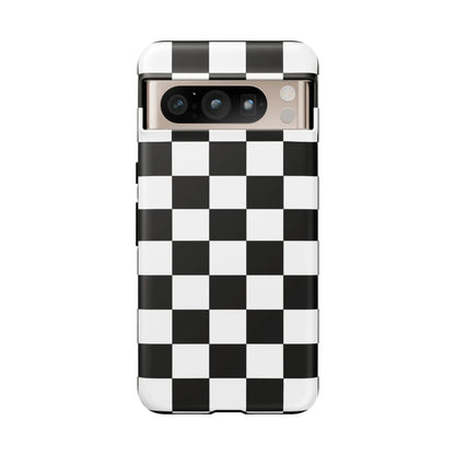 Black and white checkered flag phone case with sleek modern design shown from the back for protective use on iphone