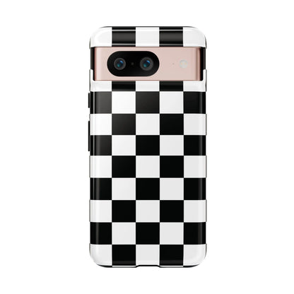 Back of a black and white checkered flag phone case with glossy finish protective cover for iphone