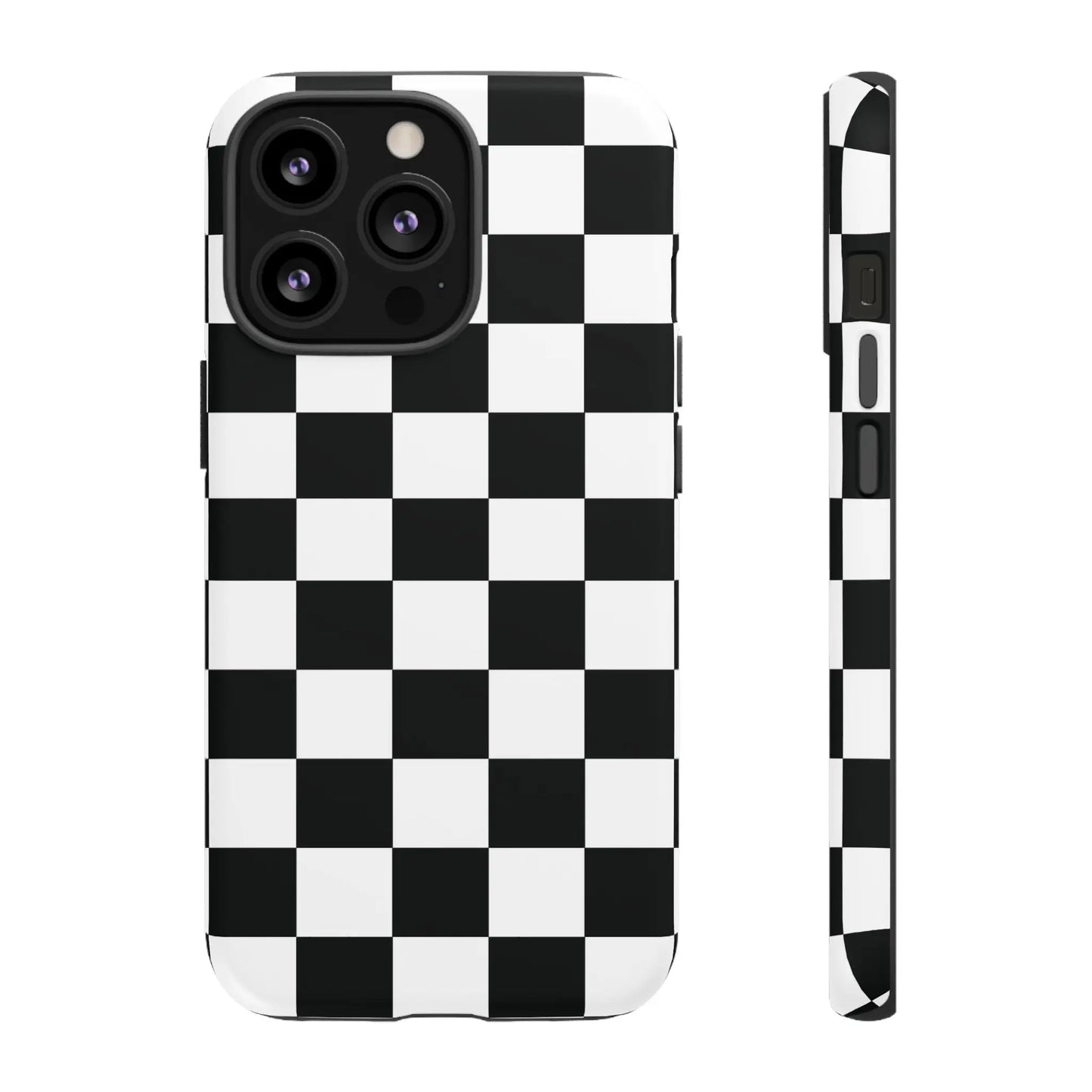 Back side of a black and white checkered flag phone case with a sleek modern design for iPhone protection