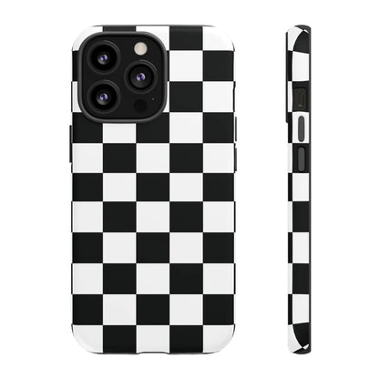 Back side of a black and white checkered flag phone case with a sleek modern design for iPhone protection