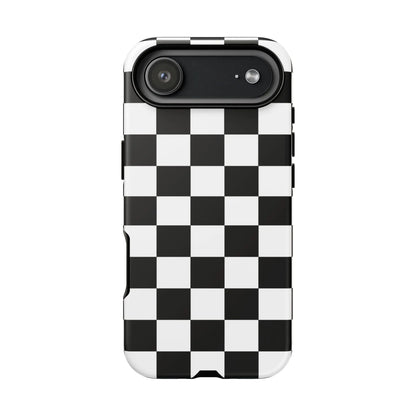 Back side of a black and white checkered flag phone case with a sleek modern design for protective iPhone cover