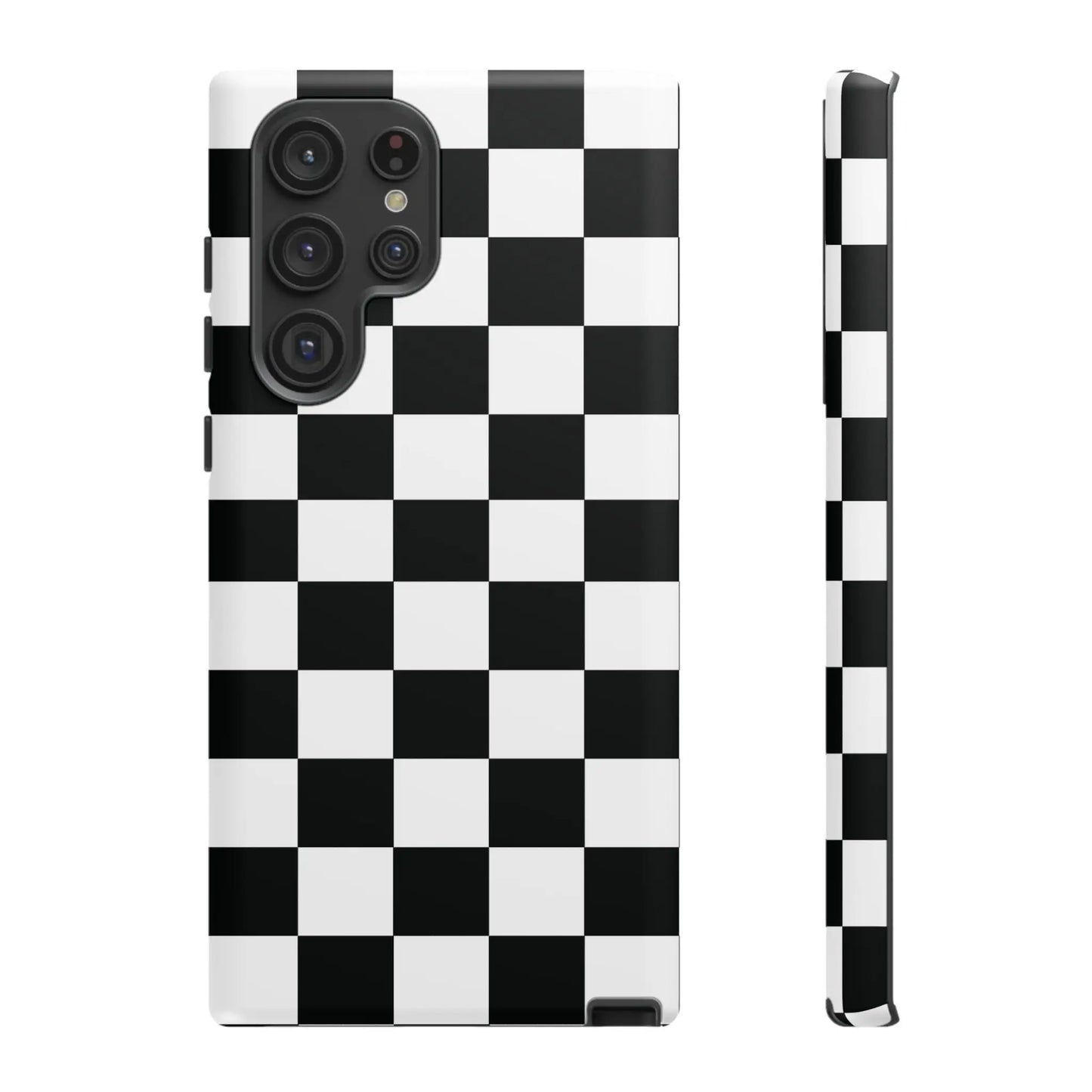Black and white checkered flag phone case with glossy finish shown from the back for iPhone protection and style