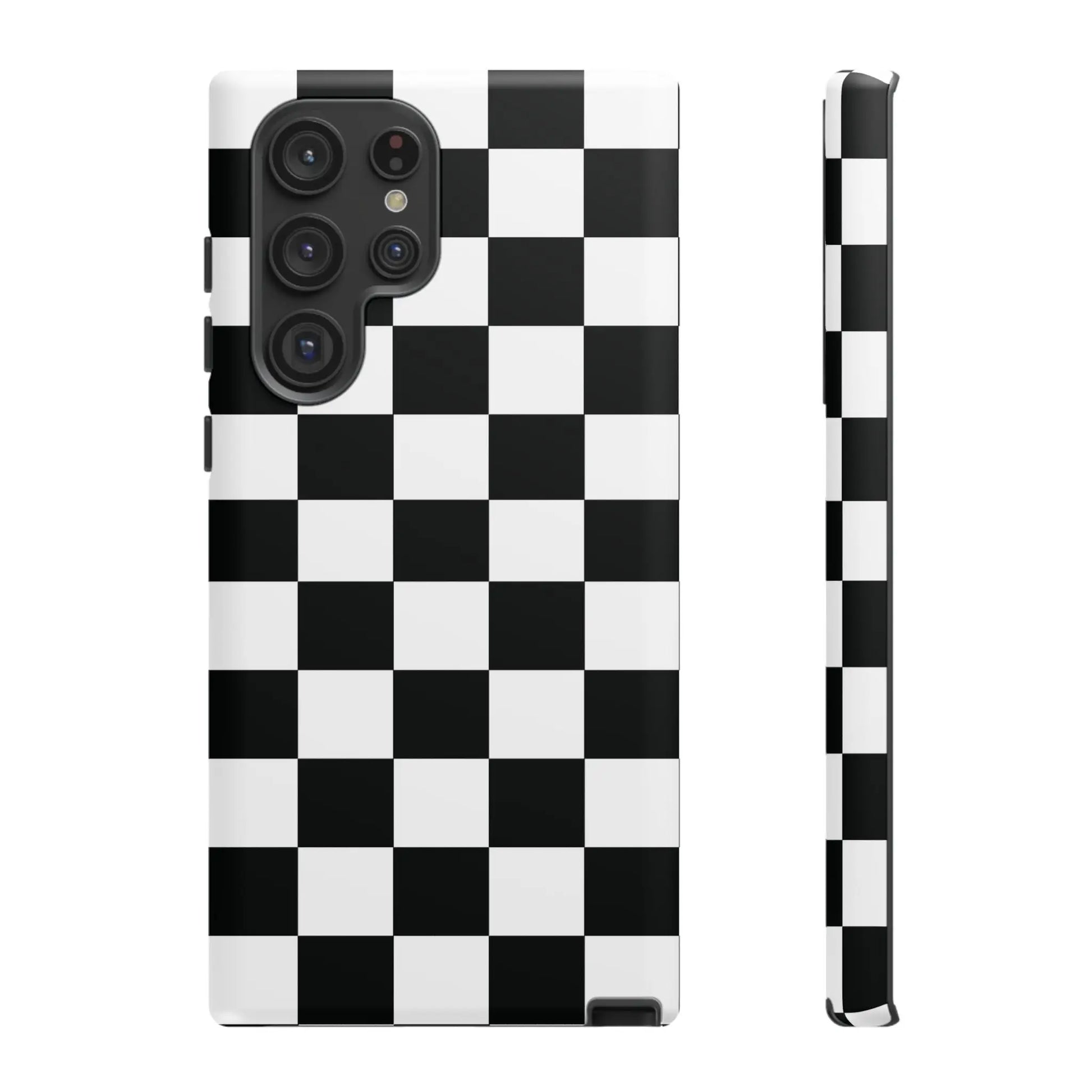 Black and white checkered flag phone case with glossy finish shown from the back for iPhone protection and style