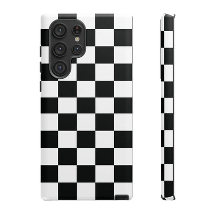 Black and white checkered flag phone case with glossy finish shown from the back for iPhone protection and style