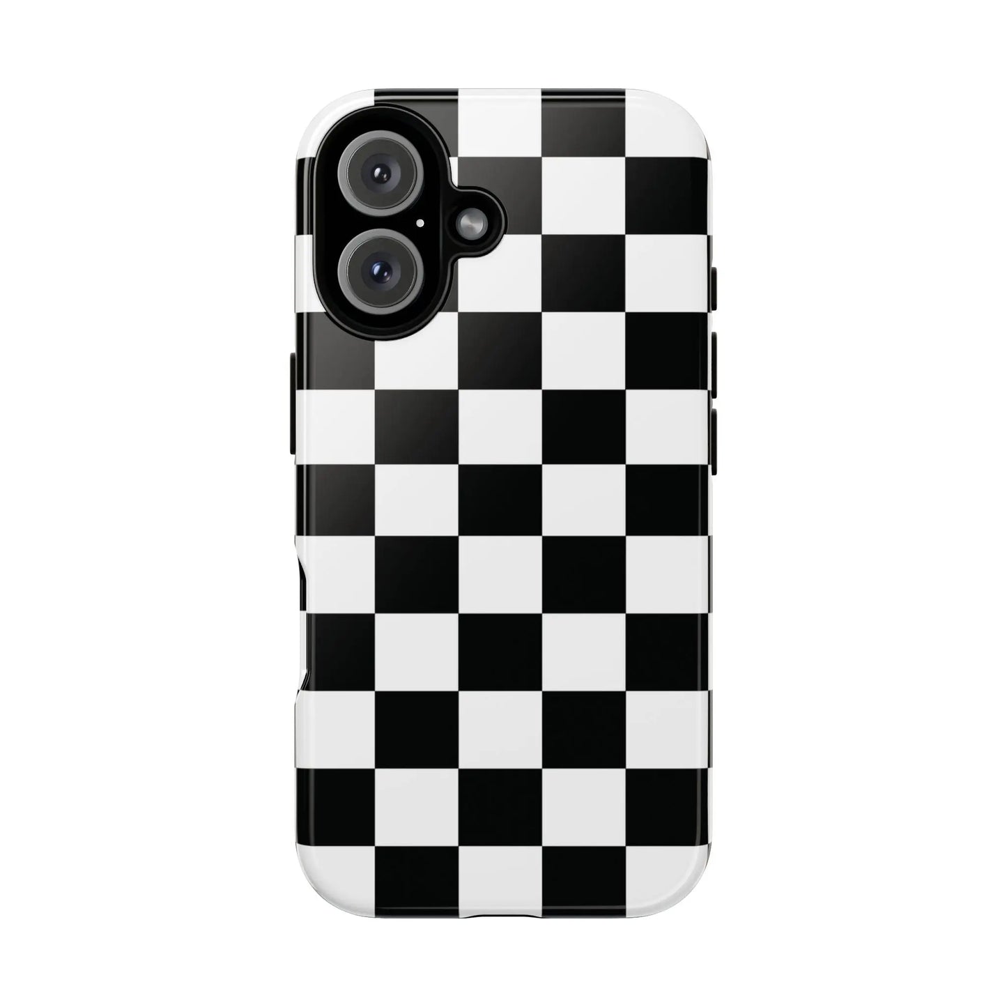 Black and white checkered flag phone case with glossy finish shown from the back for iPhone protection and style