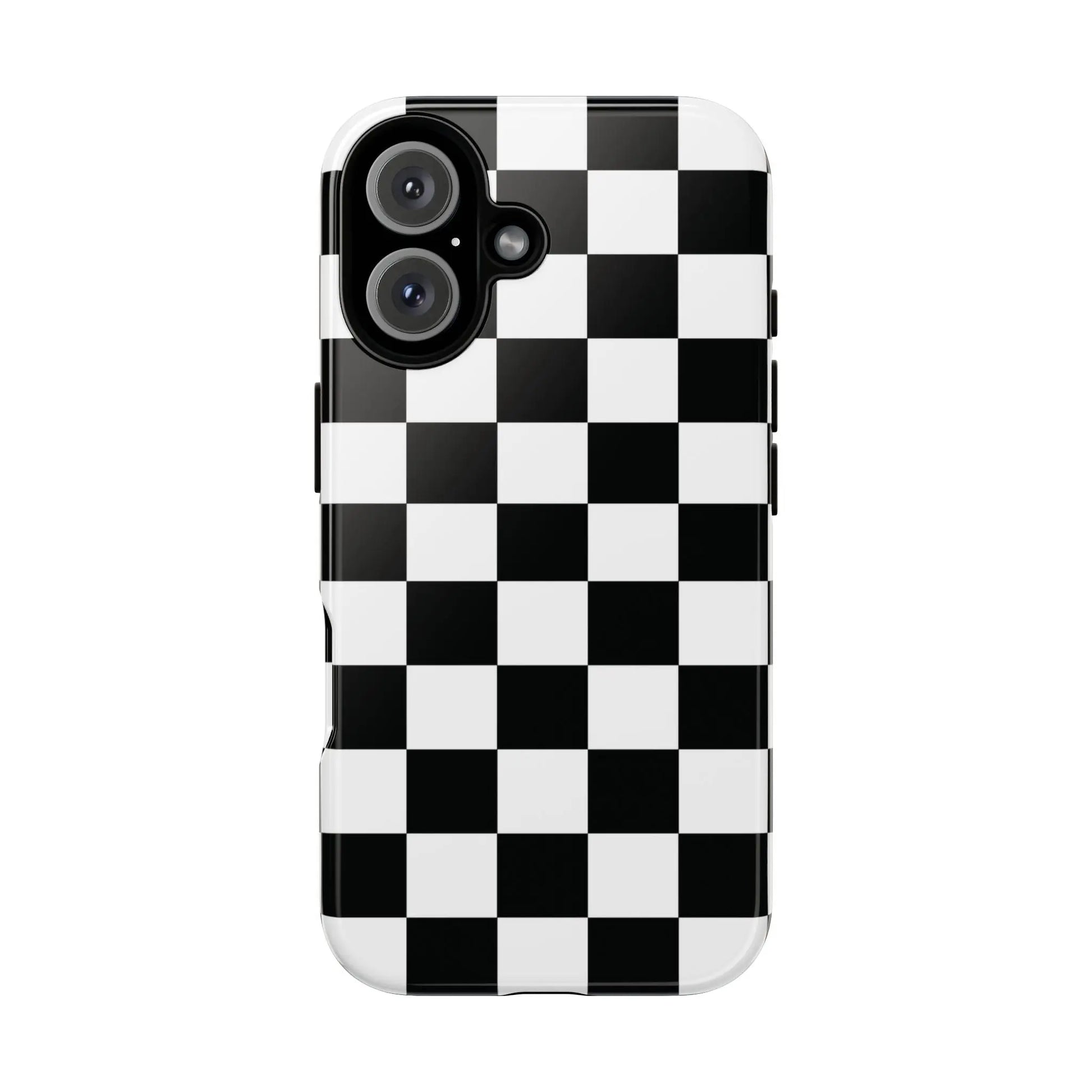 Black and white checkered flag phone case with glossy finish shown from the back for iPhone protection and style