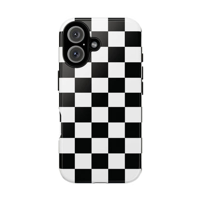 Black and white checkered flag phone case with glossy finish shown from the back for iPhone protection and style
