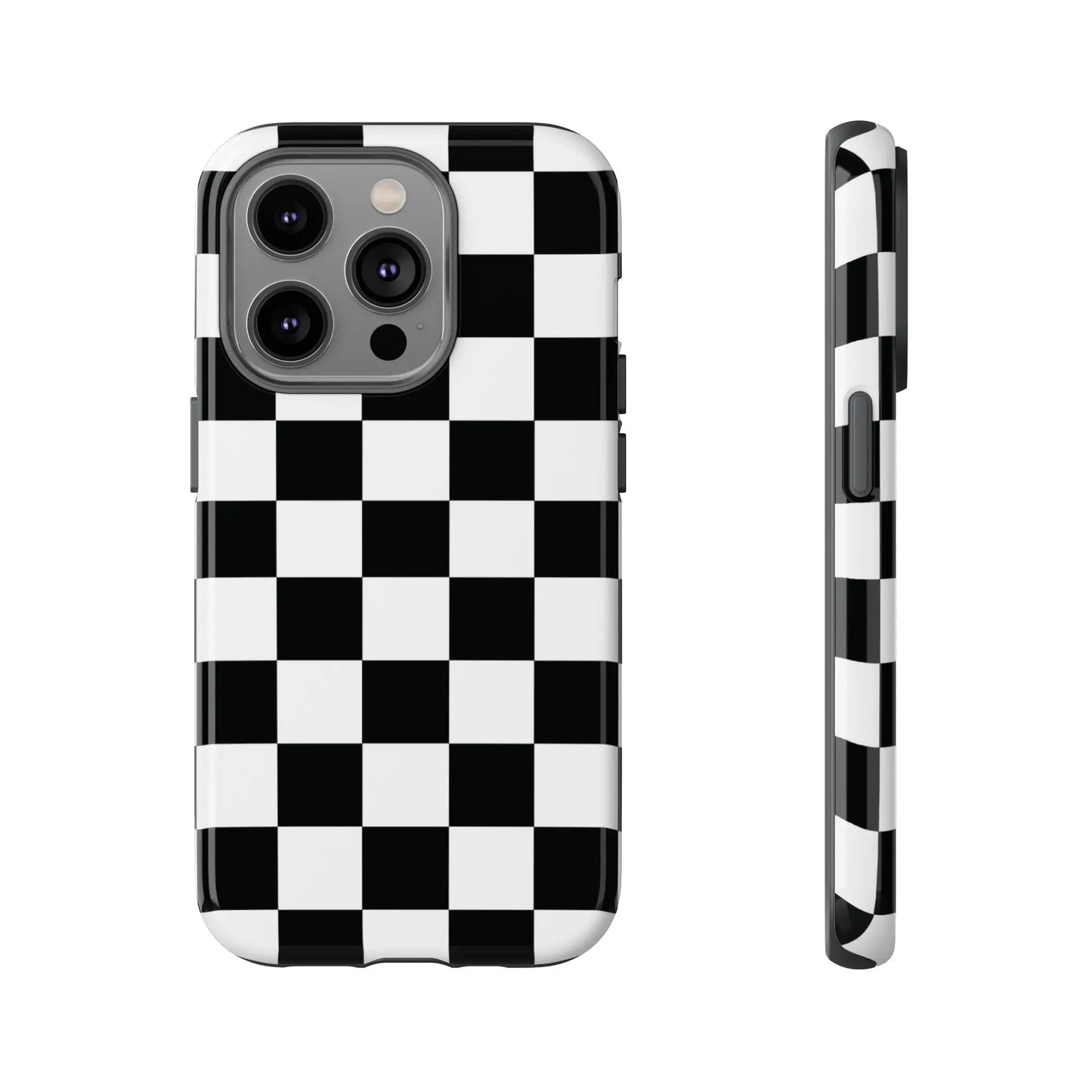 Black and white checkered flag phone case with glossy finish shown from the back for iphone protection and style