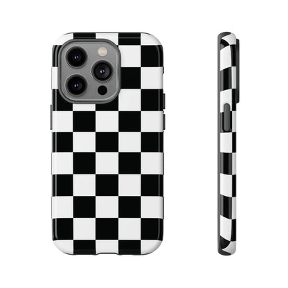 Black and white checkered flag phone case with glossy finish shown from the back for iphone protection and style