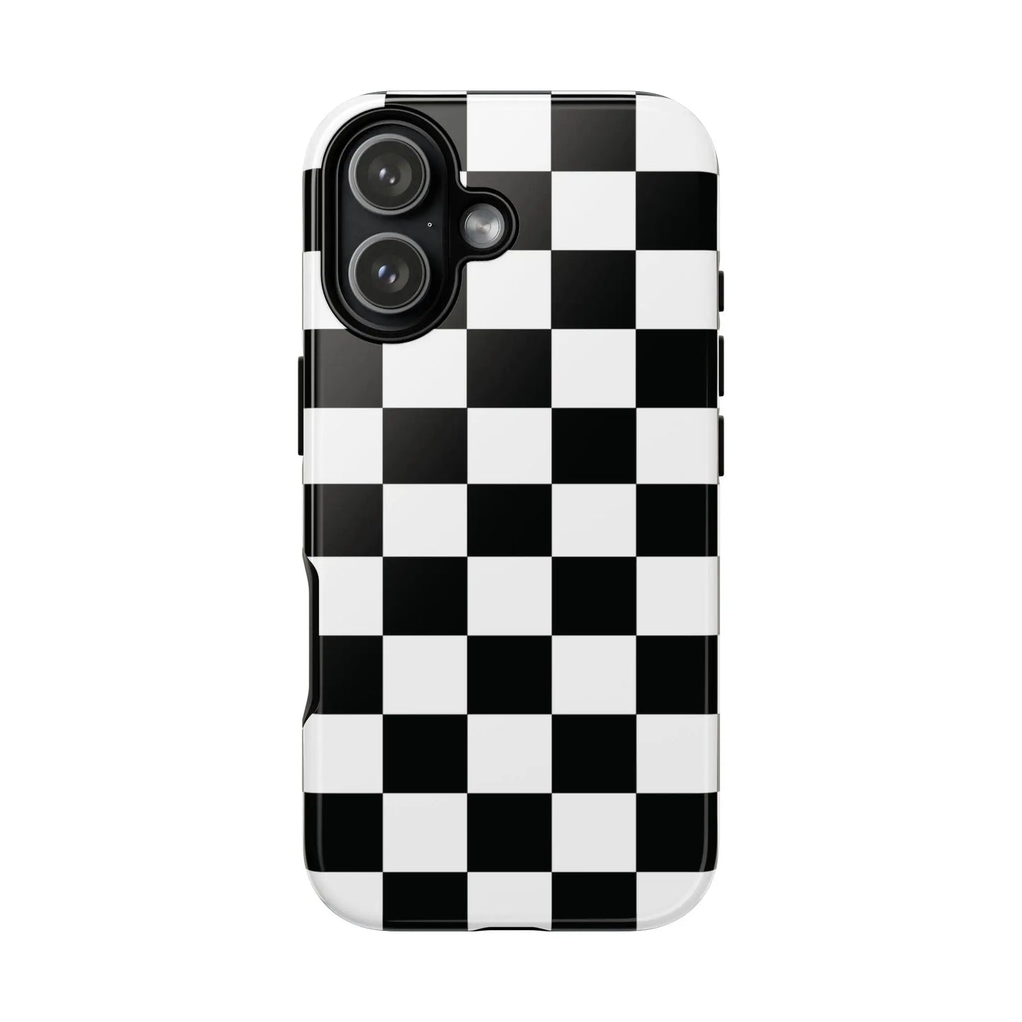 Black and white checkered flag phone case with glossy finish shown from back for protective iPhone cover accessory