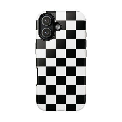 Black and white checkered flag phone case with glossy finish shown from back for protective iPhone cover accessory