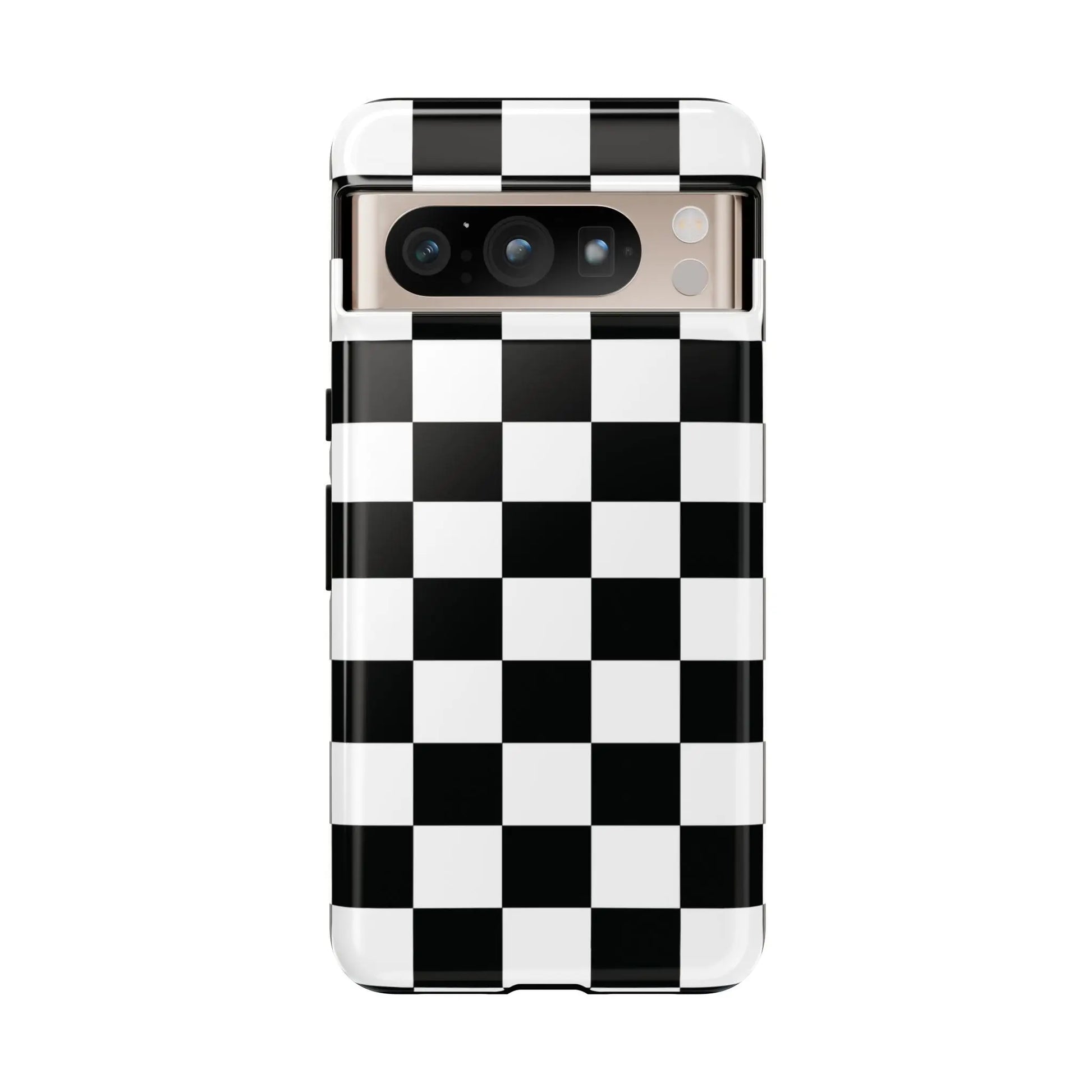 Back side of a black and white checkered flag phone case with a sleek glossy finish for iphone protection
