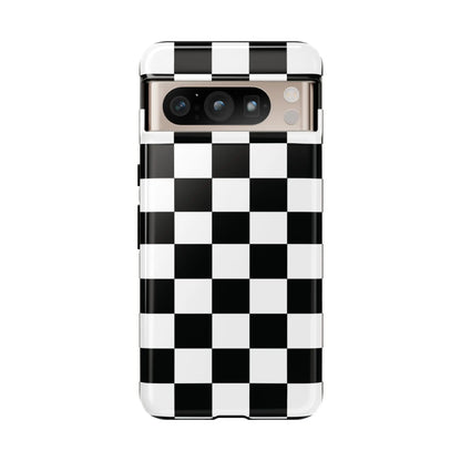 Back side of a black and white checkered flag phone case with a sleek glossy finish for iphone protection