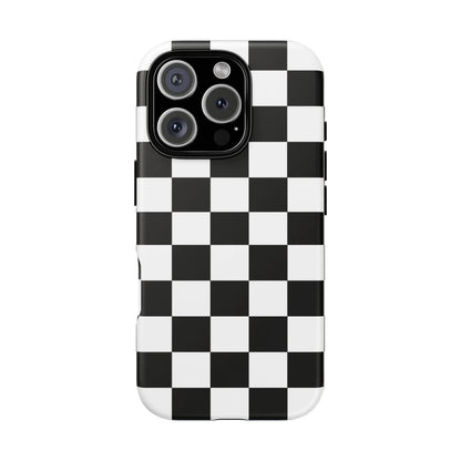 Black and white checkered flag phone case with sleek glossy finish shown from back for protective iPhone cover
