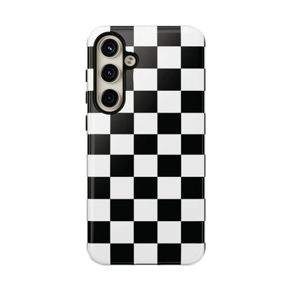 Black and white checkered flag phone case with glossy finish showing the back side of the protective iphone cover