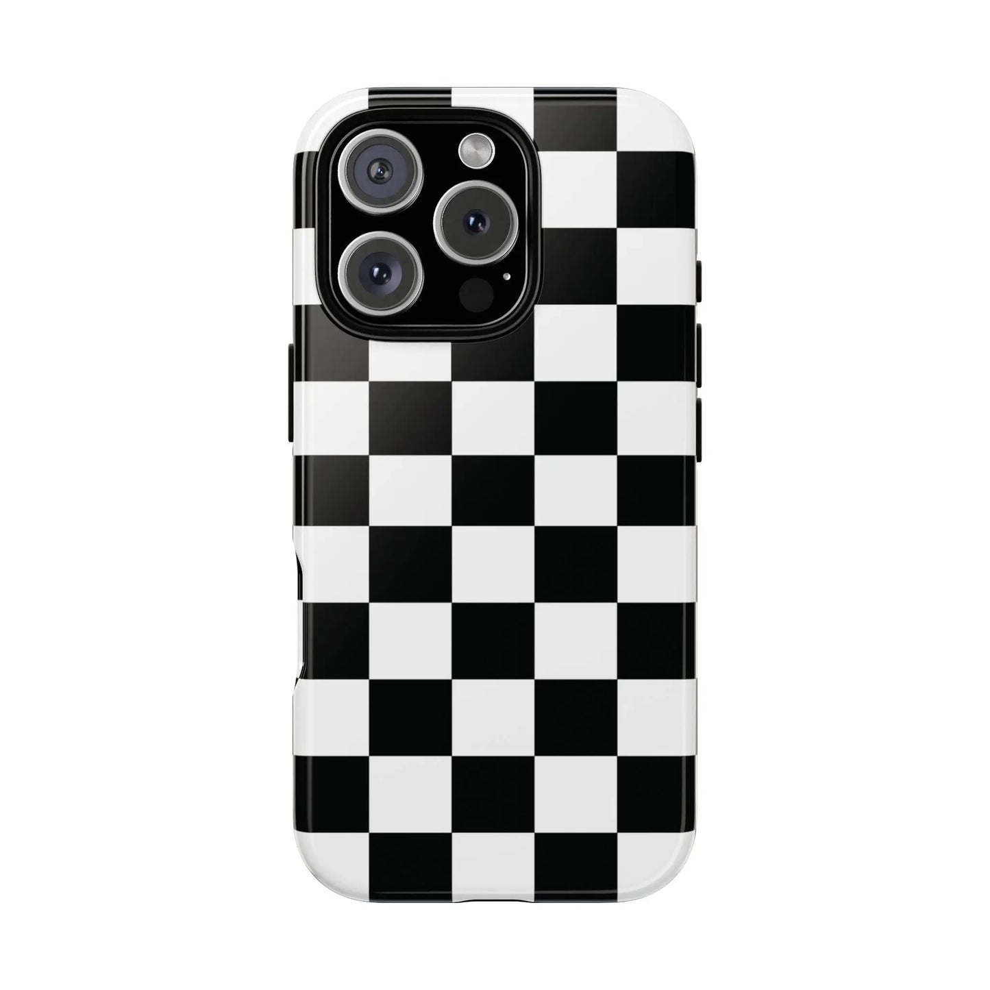Black and white checkered flag phone case with glossy finish shown from the back for iPhone protective cover