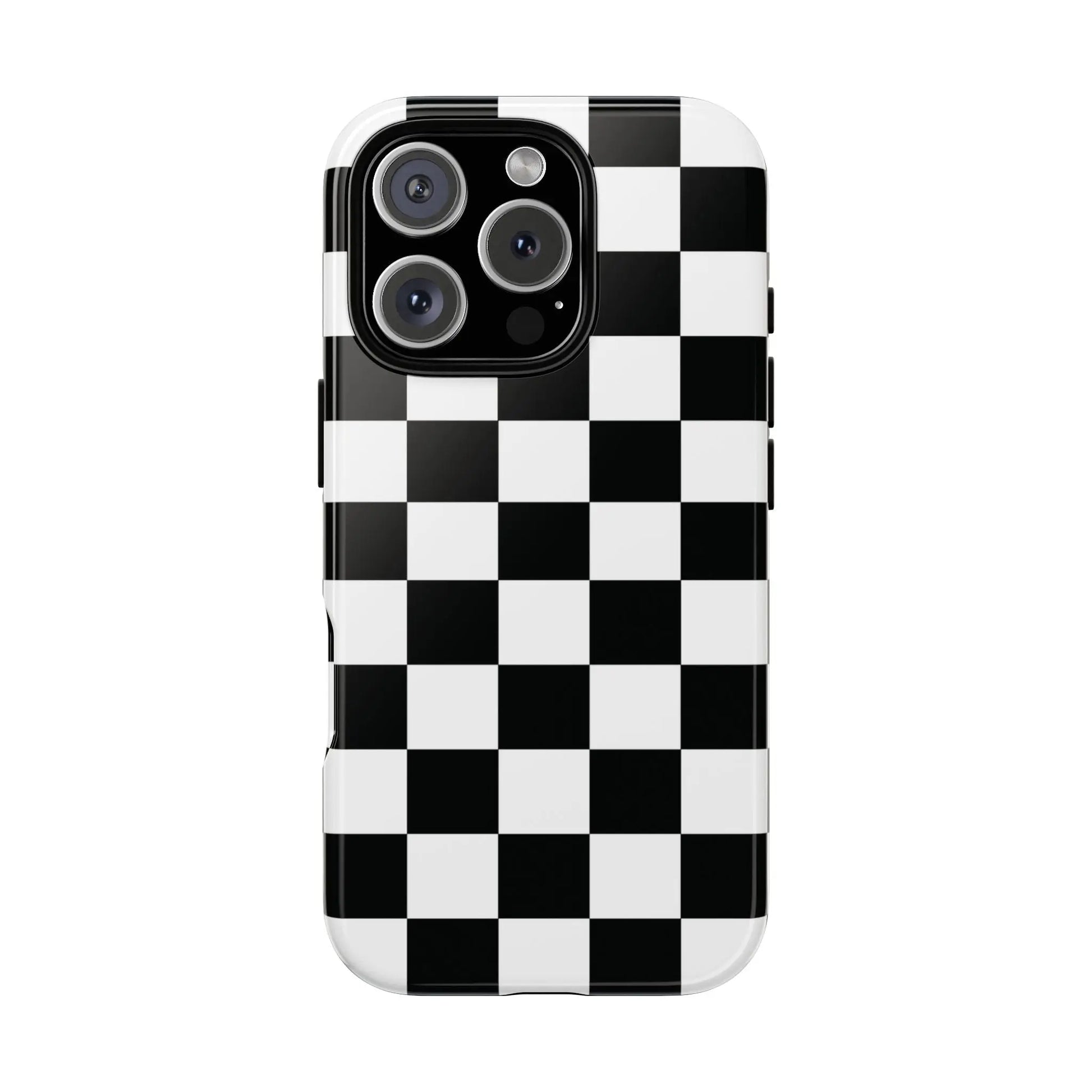 Black and white checkered flag phone case with glossy finish shown from the back for iPhone protective cover