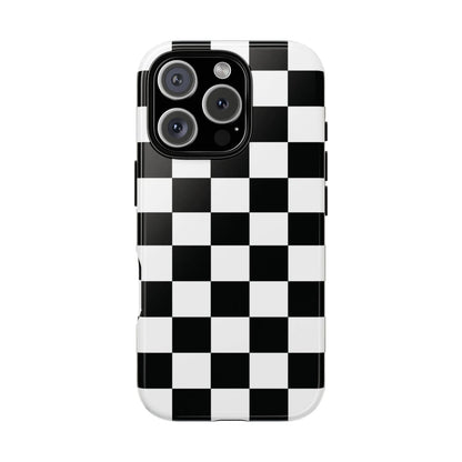 Black and white checkered flag phone case with glossy finish shown from the back for iPhone protective cover