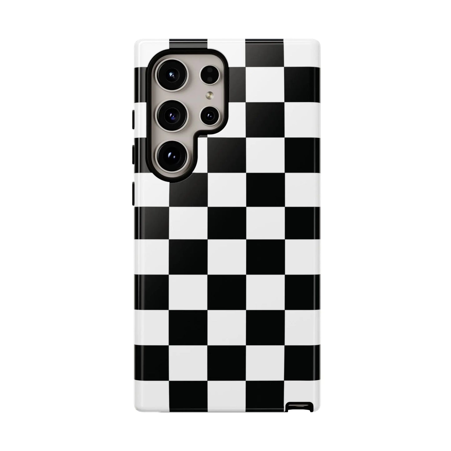 Black and white checkered flag phone case with glossy finish shown from the back for iphone protection and style