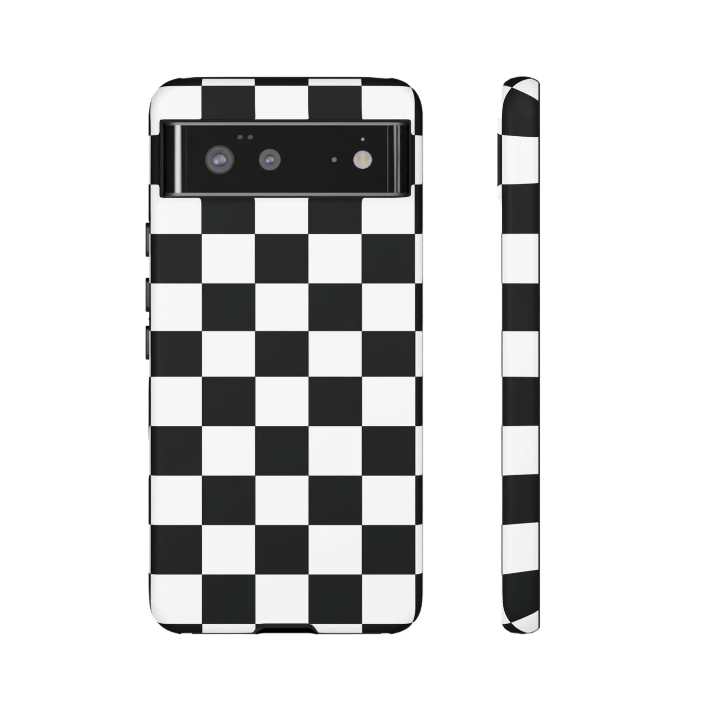 Black and white checkered flag phone case with a sleek glossy finish shown from the back for iphone protection