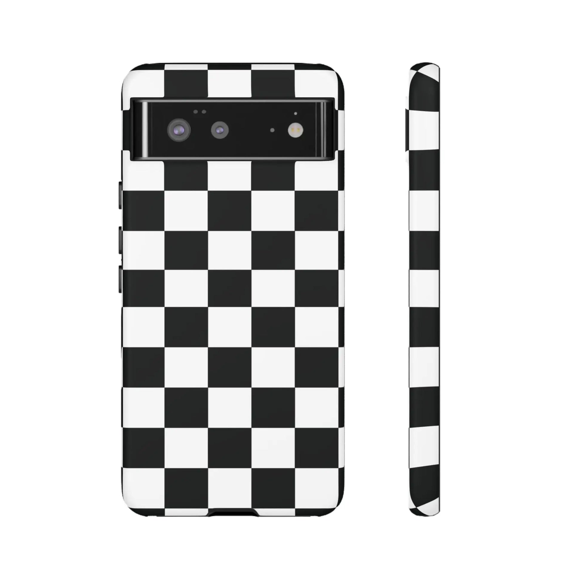 Black and white checkered flag phone case with a sleek glossy finish shown from the back for iphone protection