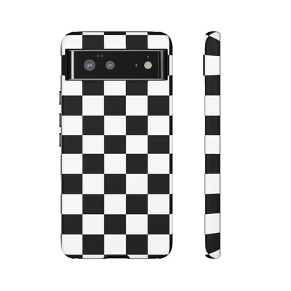 Black and white checkered flag phone case with a sleek glossy finish shown from the back for iphone protection