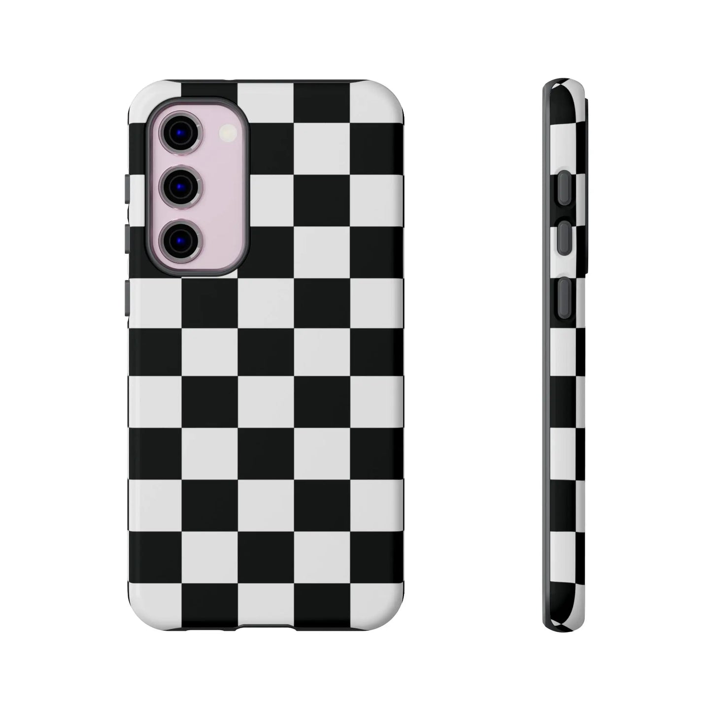 Black and white checkered flag phone case with sleek glossy finish shown from back for protective iPhone cover