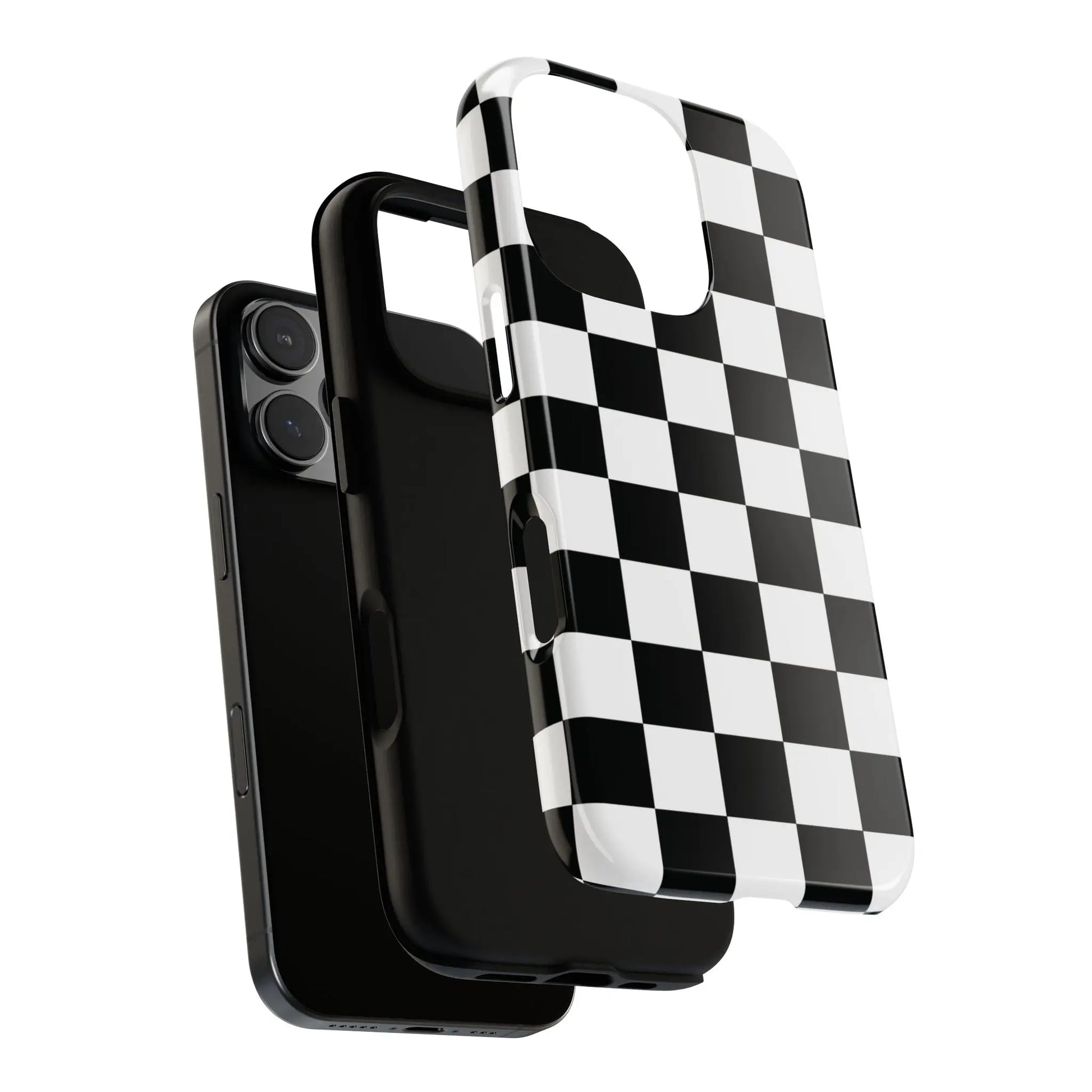 Back side of a glossy black and white checkered flag phone case protective cover for iPhone flag phone cases