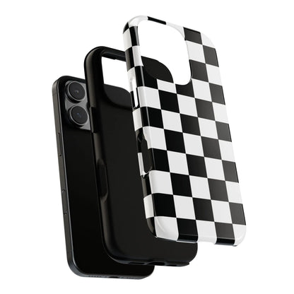 Back side of a glossy black and white checkered flag phone case protective cover for iPhone flag phone cases