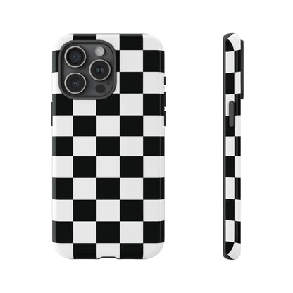 Black and white checkered flag phone case showing back side with sleek protective cover for iphone accessories
