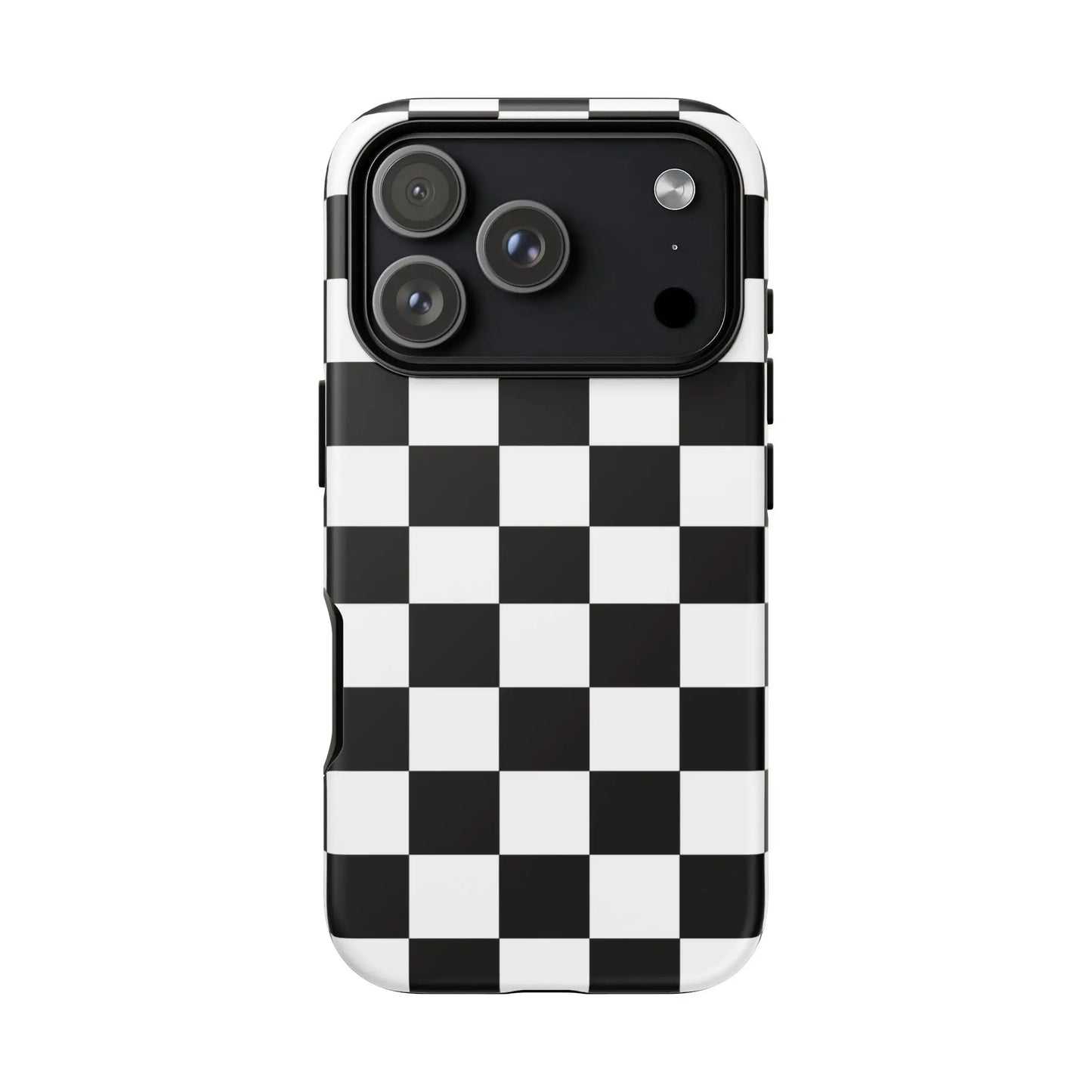 Back side of a black and white checkered flag phone case with a sleek glossy finish for iphone protection