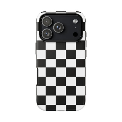 Back side of a black and white checkered flag phone case with a sleek glossy finish for iphone protection