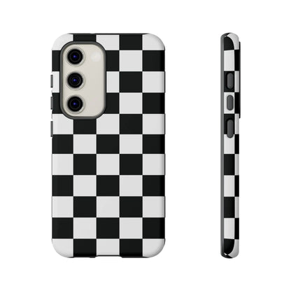 Black and white checkered flag phone case showing back side with sleek modern design for iphone protection