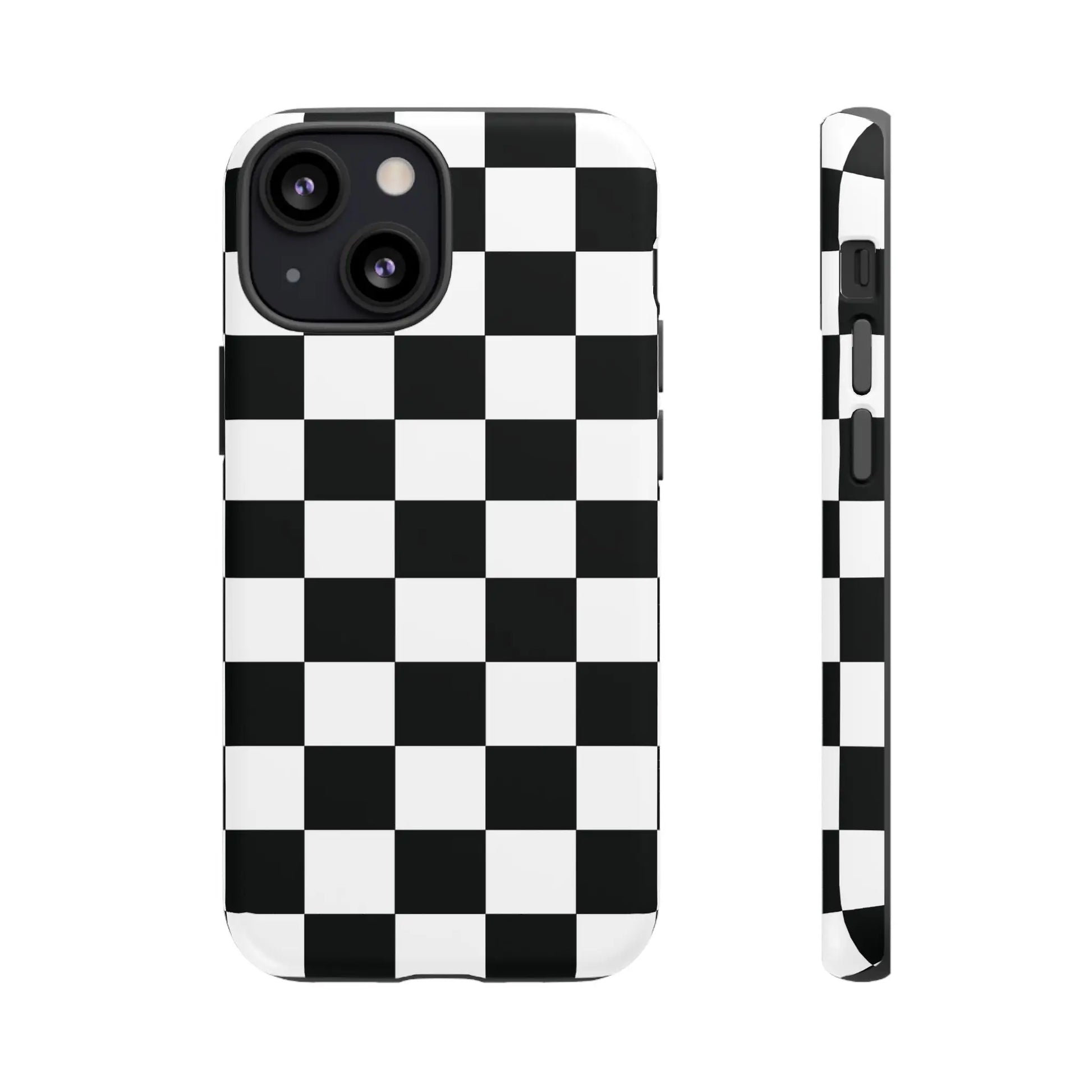 Black and white checkered flag phone case with sleek modern design shown from back for protective iPhone cover
